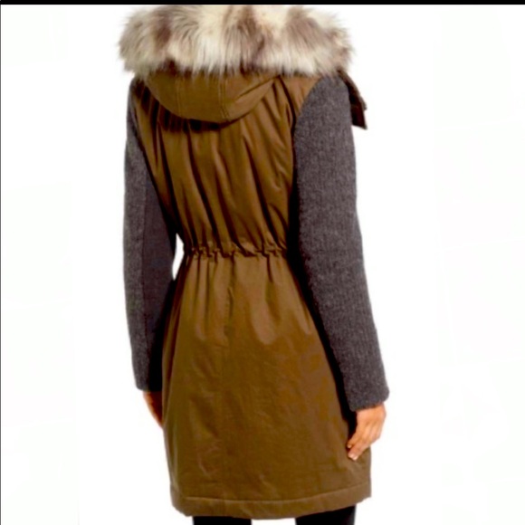 Vera Wang Green Khaki Faux Fur Trim Mixed Media Parka - Picture 3 of 17